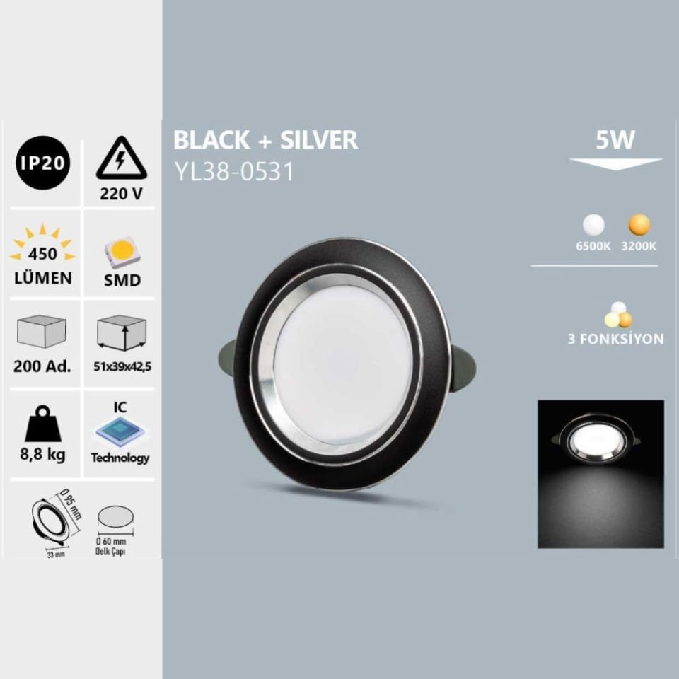 Noas 5 W Black+Sılver Spot Beyaz Işık