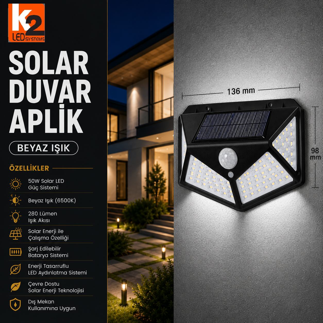 K2-GLOBAL 50W SOLAR DUVAR APLİK BEYAZ IŞIK