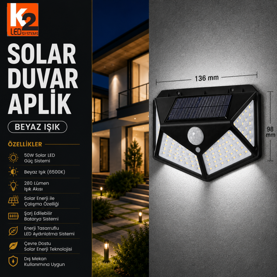 K2-GLOBAL 50W SOLAR DUVAR APLİK BEYAZ IŞIK