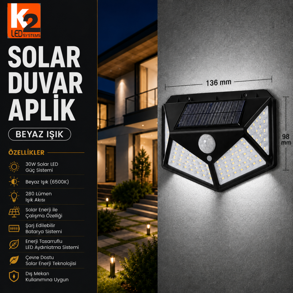 K2  30W SOLAR DUVAR APLİK BEYAZ IŞIK