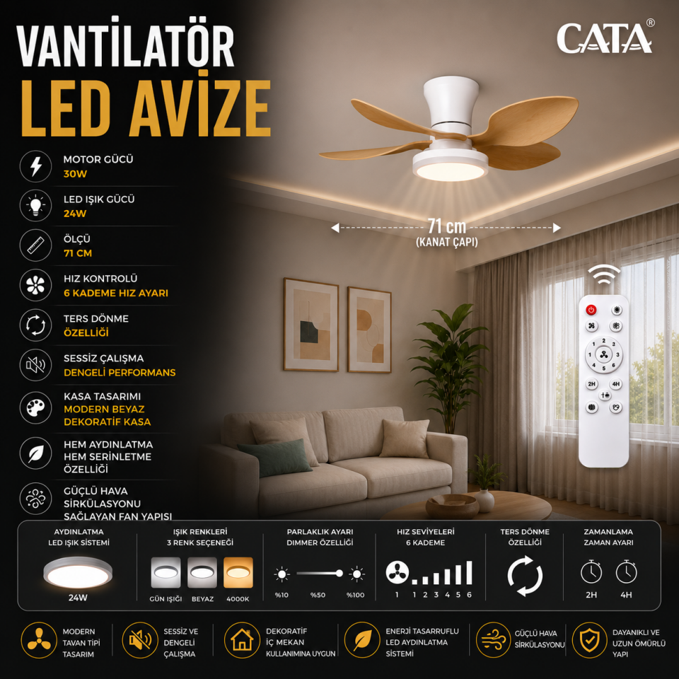 VANTİ 30W LEDLI TAVAN VANTILATÖRÜ BEYAZ-AHŞAP