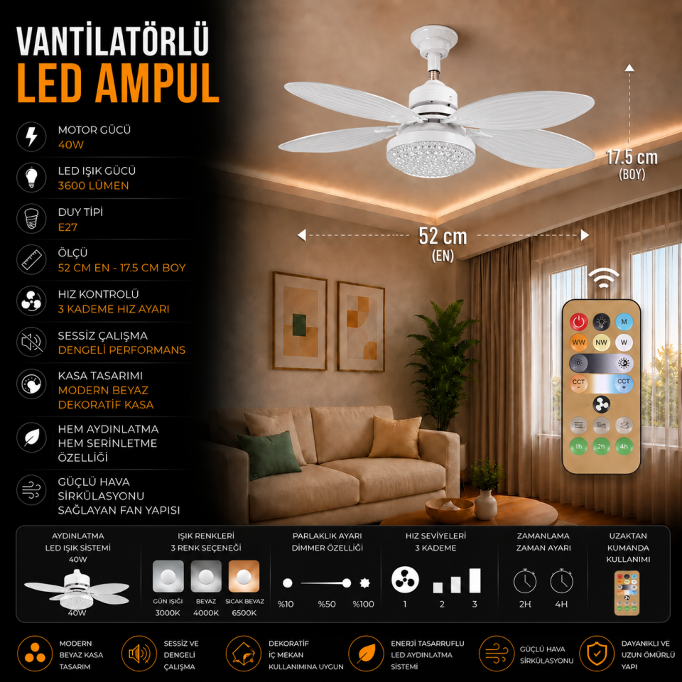 K2 40W E27 VANTİLATÖRLÜ LED AMPUL 3 RENK