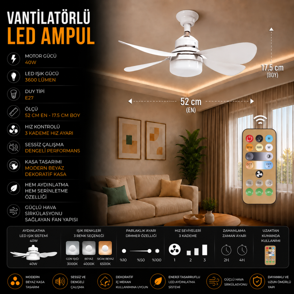 K2 40W E27 VANTİLATÖRLÜ LED AMPUL 3 RENK