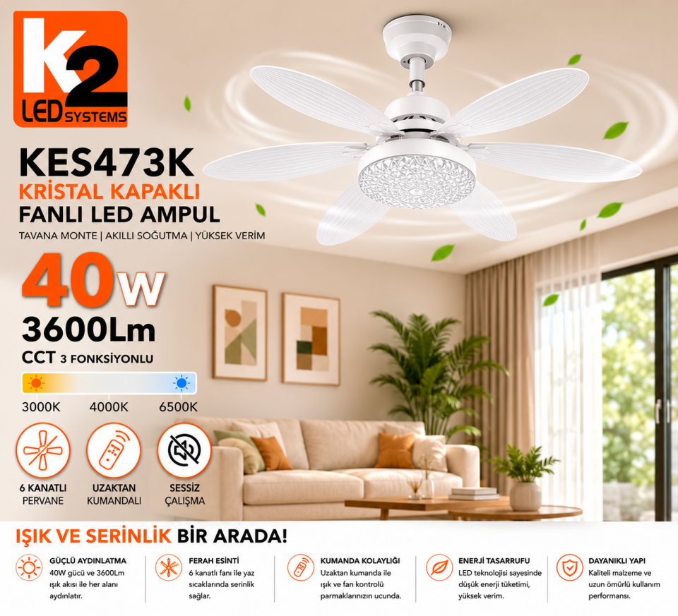 K2 40W E27 VANTİLATÖRLÜ LED AMPUL 3 RENK
