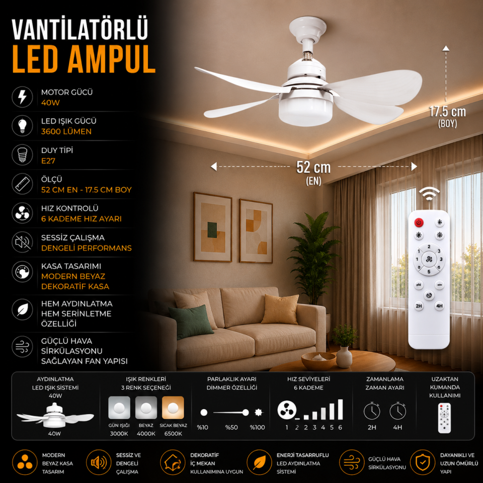 K2 40W E27 VANTİLATÖRLÜ LED AMPUL 3 RENK