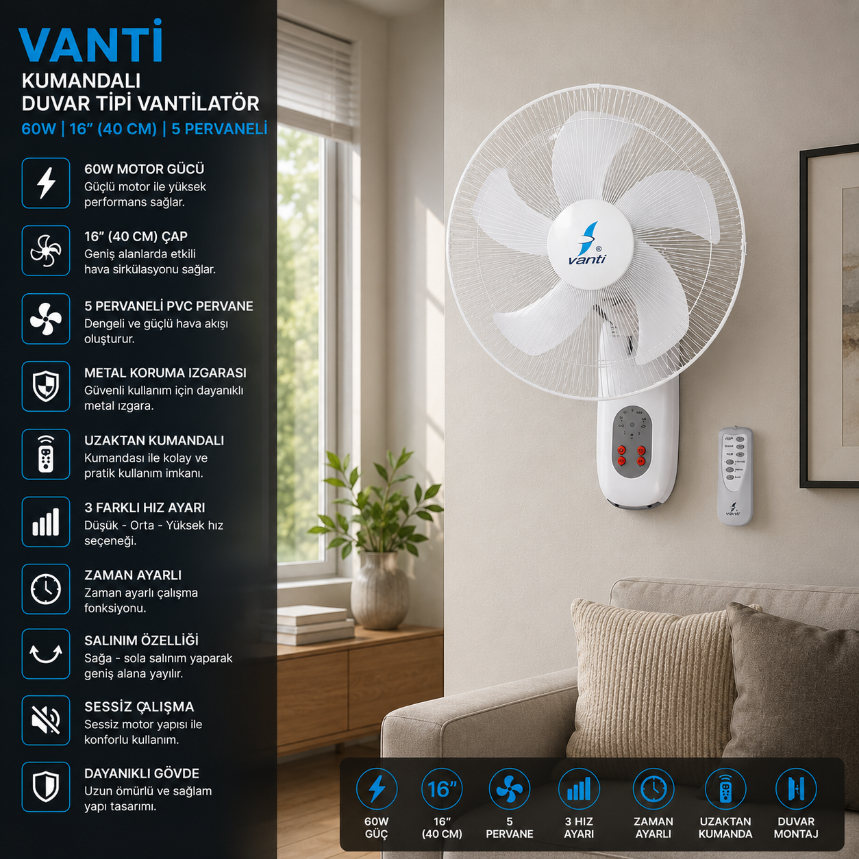 VANTİ KUMANDALI DUVAR TİPİ VANTİLATÖR