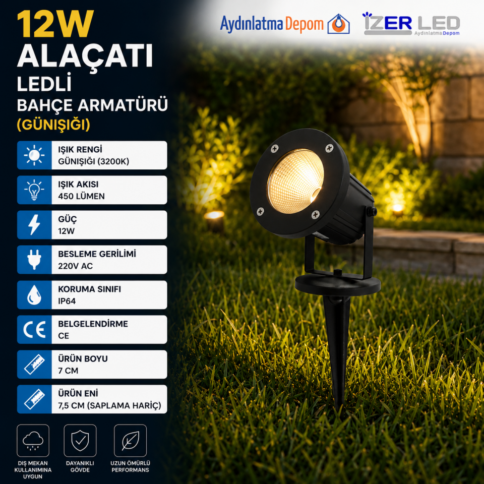 12W ALAÇATI LEDLİ BAHÇE ARMATÜRÜ ( GÜNIŞIĞI )