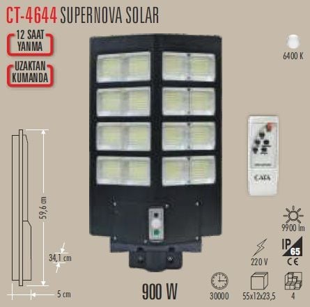 Cata Süpernova 900W Solar Sokak Armatürü (Kumandalı)