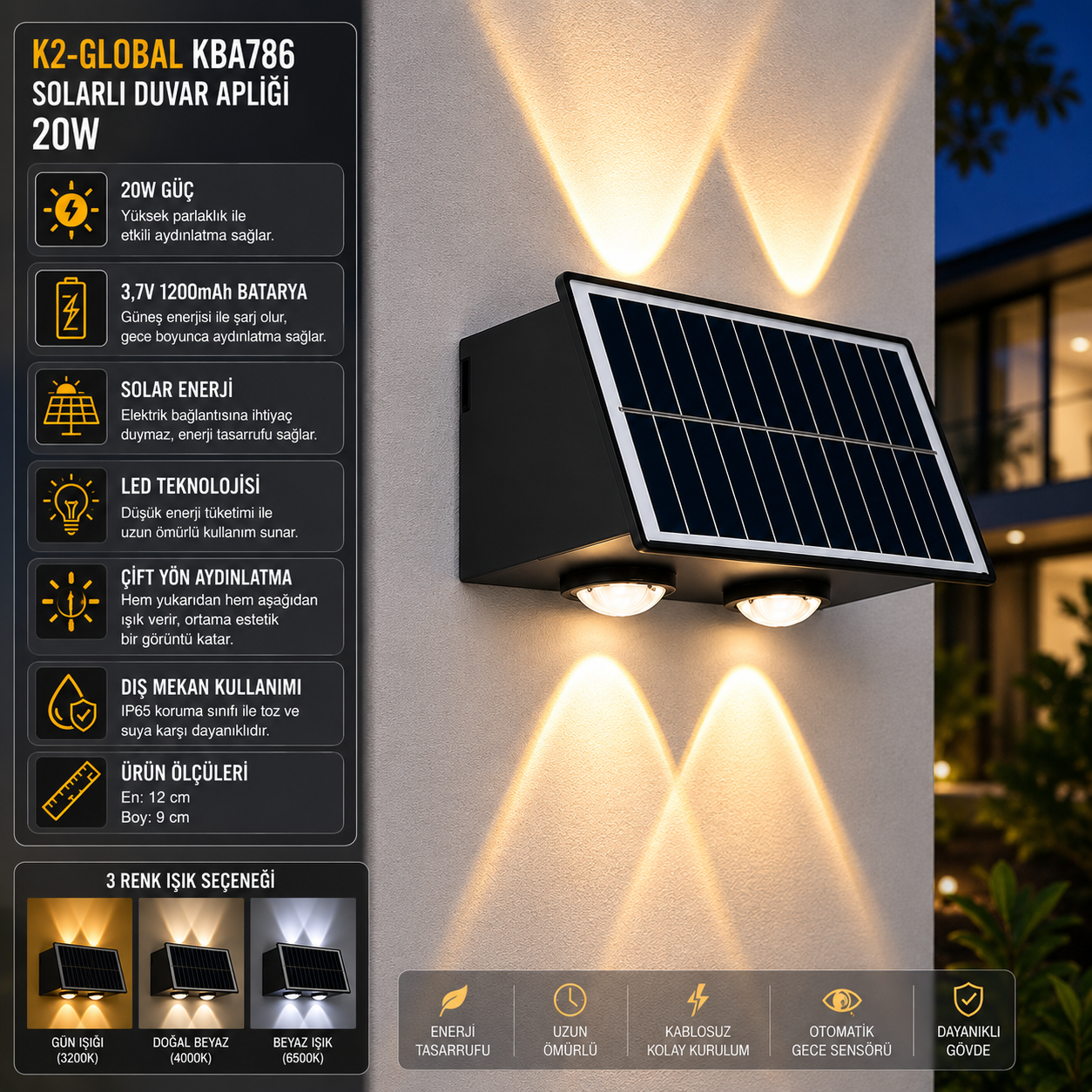 K2 20W SOLARLI DUVAR APLİĞİ 3 RENK