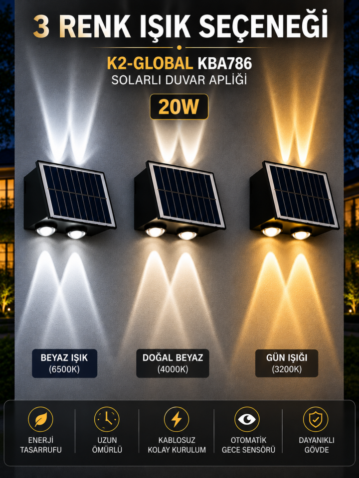 K2 20W SOLARLI DUVAR APLİĞİ 3 RENK