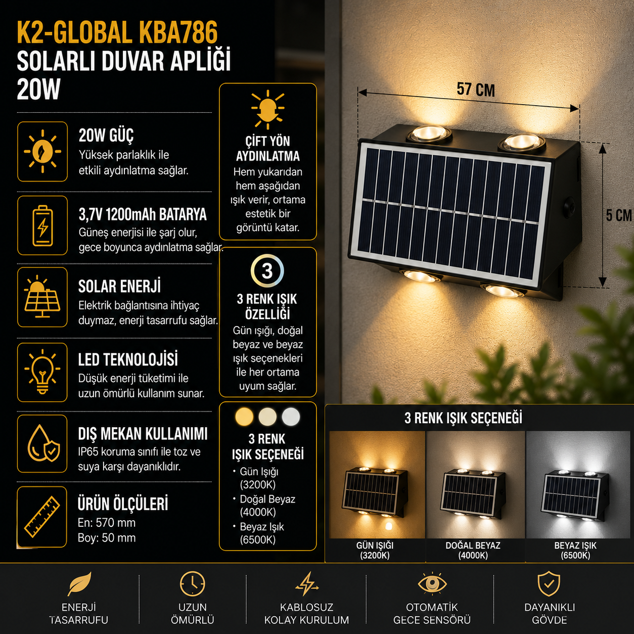K2 20W SOLARLI DUVAR APLİĞİ 3 RENK