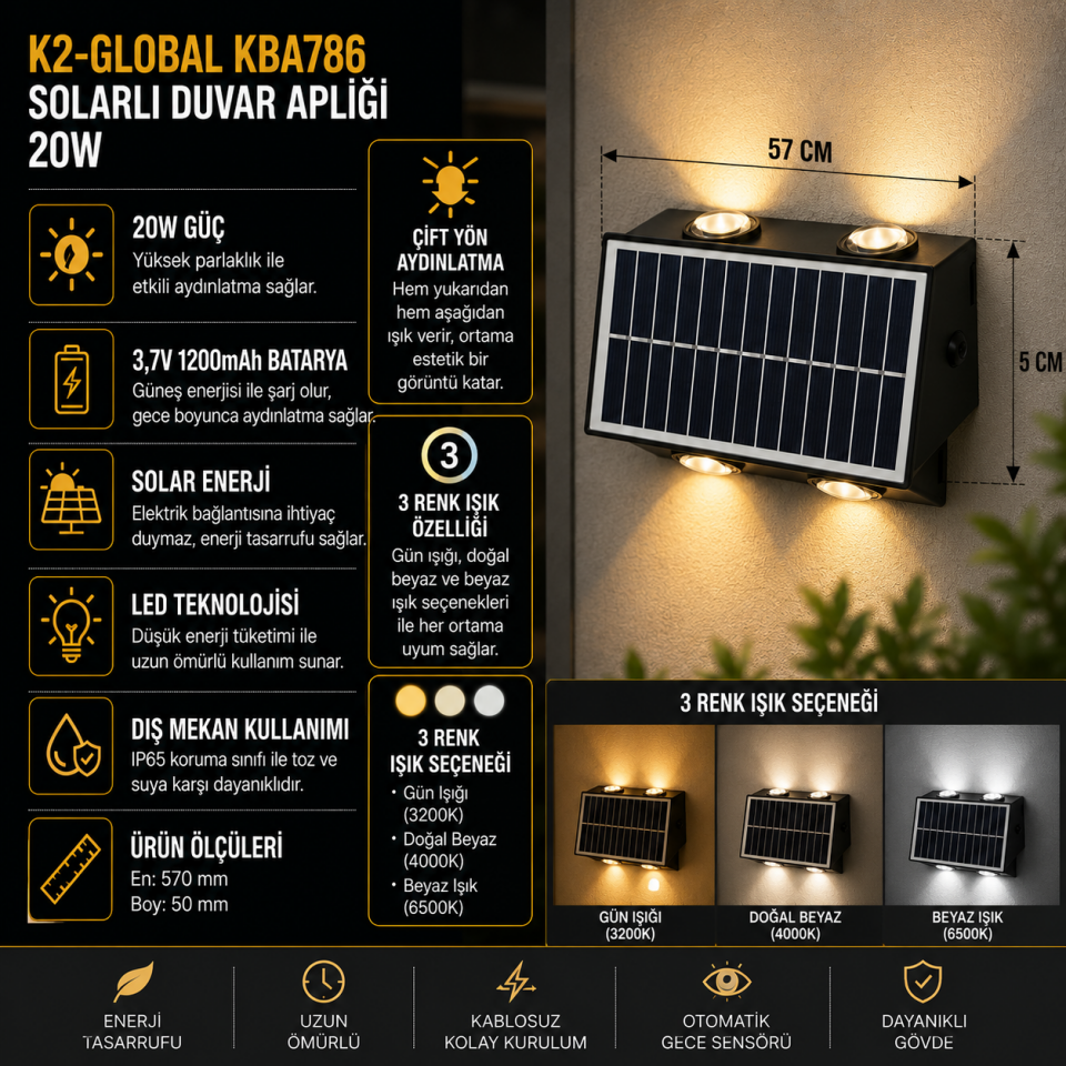 K2 20W SOLARLI DUVAR APLİĞİ 3 RENK