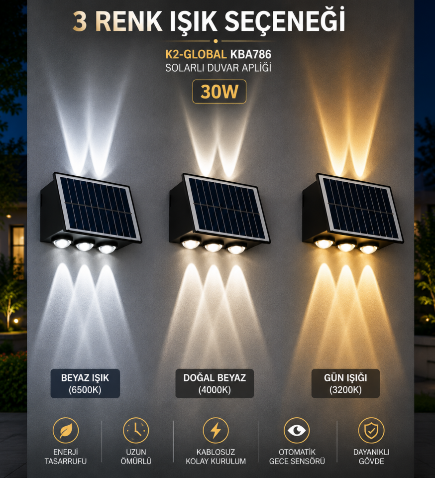 K2 30W SOLAR DUVAR APLİĞİ 3 RENK