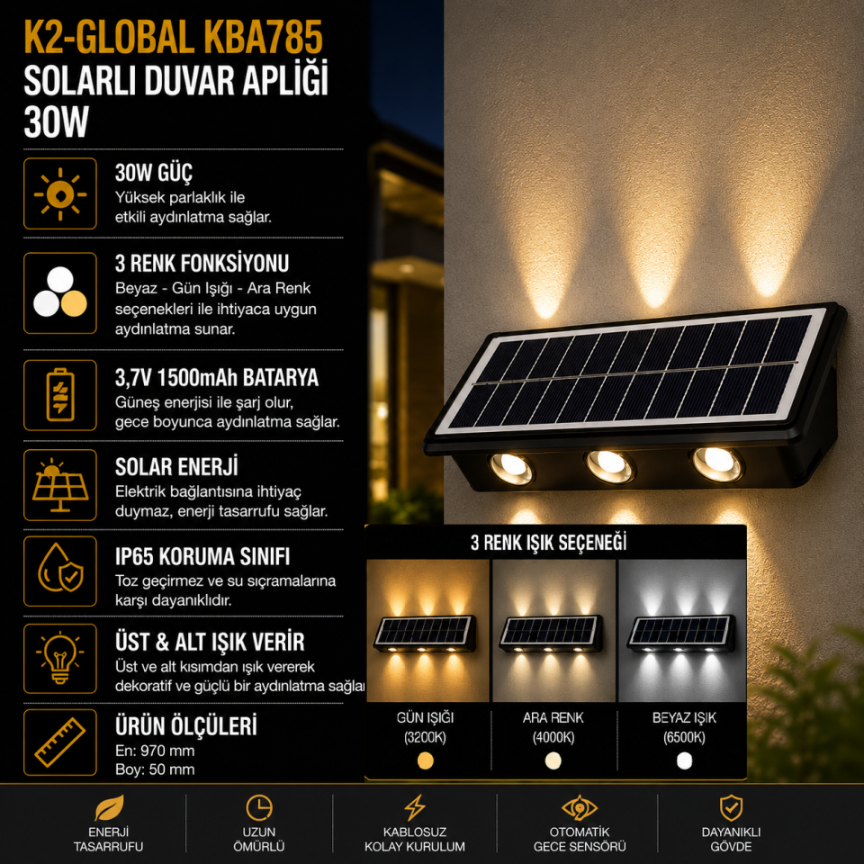 K2 30W SOLAR DUVAR APLİĞİ 3 RENK