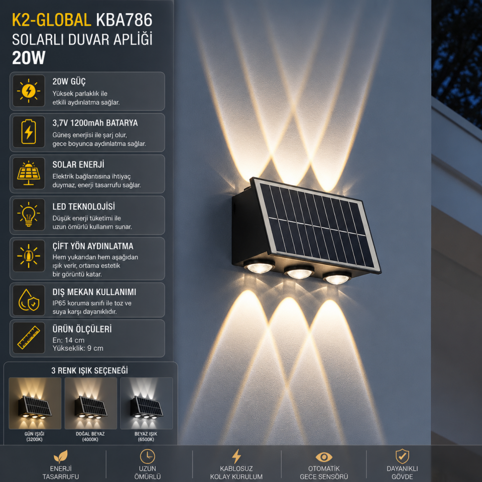 K2 30W SOLAR DUVAR APLİĞİ 3 RENK