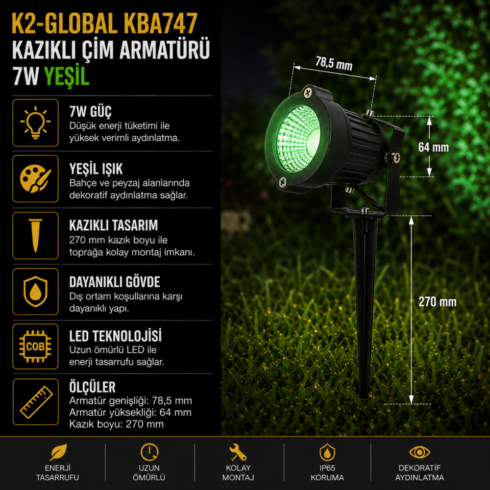 K2 KBA747 KAZIKLI ÇİM ARMATÜRÜ 7W YEŞİL