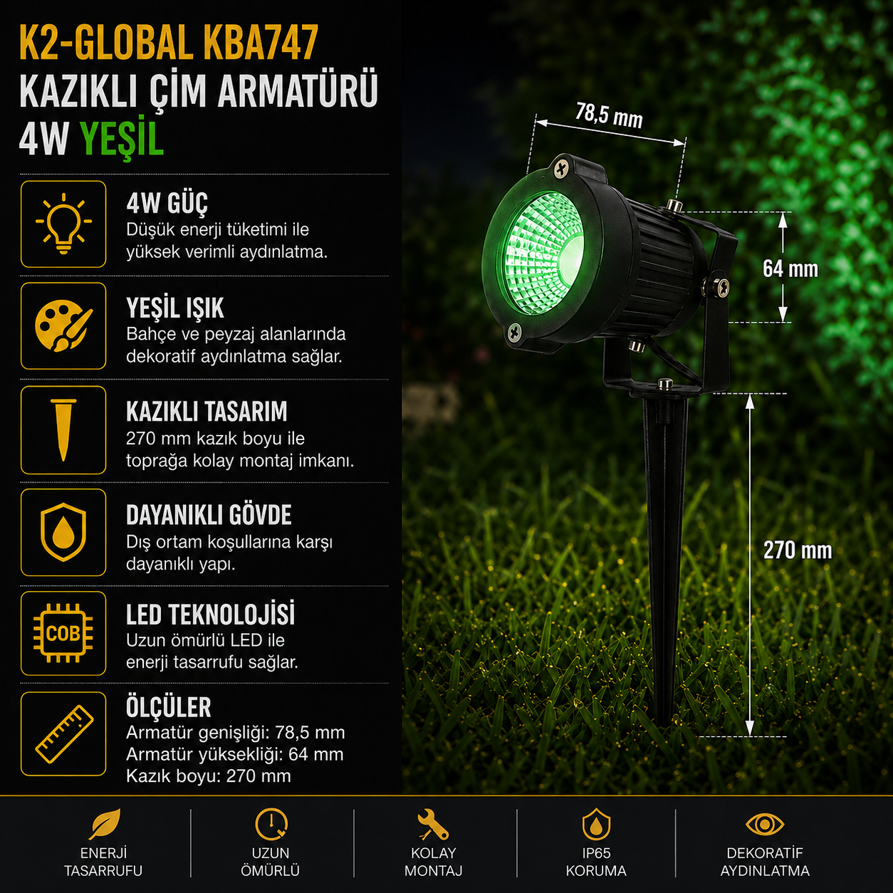 K2 KBA747 KAZIKLI ÇİM ARMATÜRÜ 4W YEŞİL