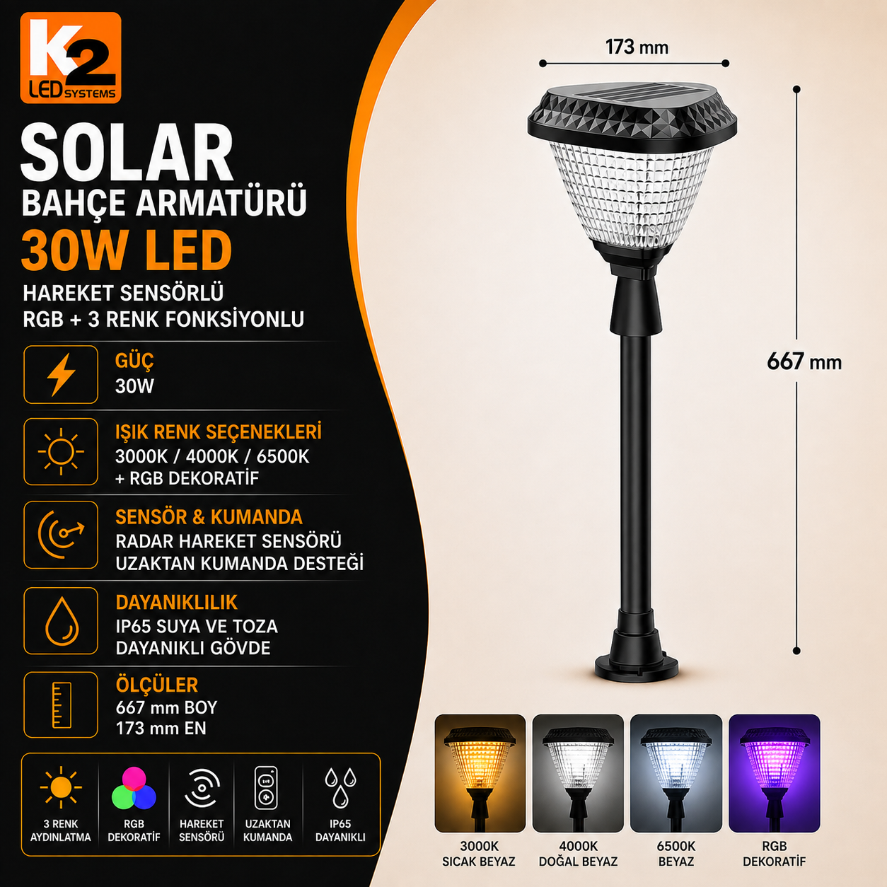 K2-GLOBAL KBA779 30W SOLAR 60CM AYAKLI ARMATÜR 3 RENK(RGB)