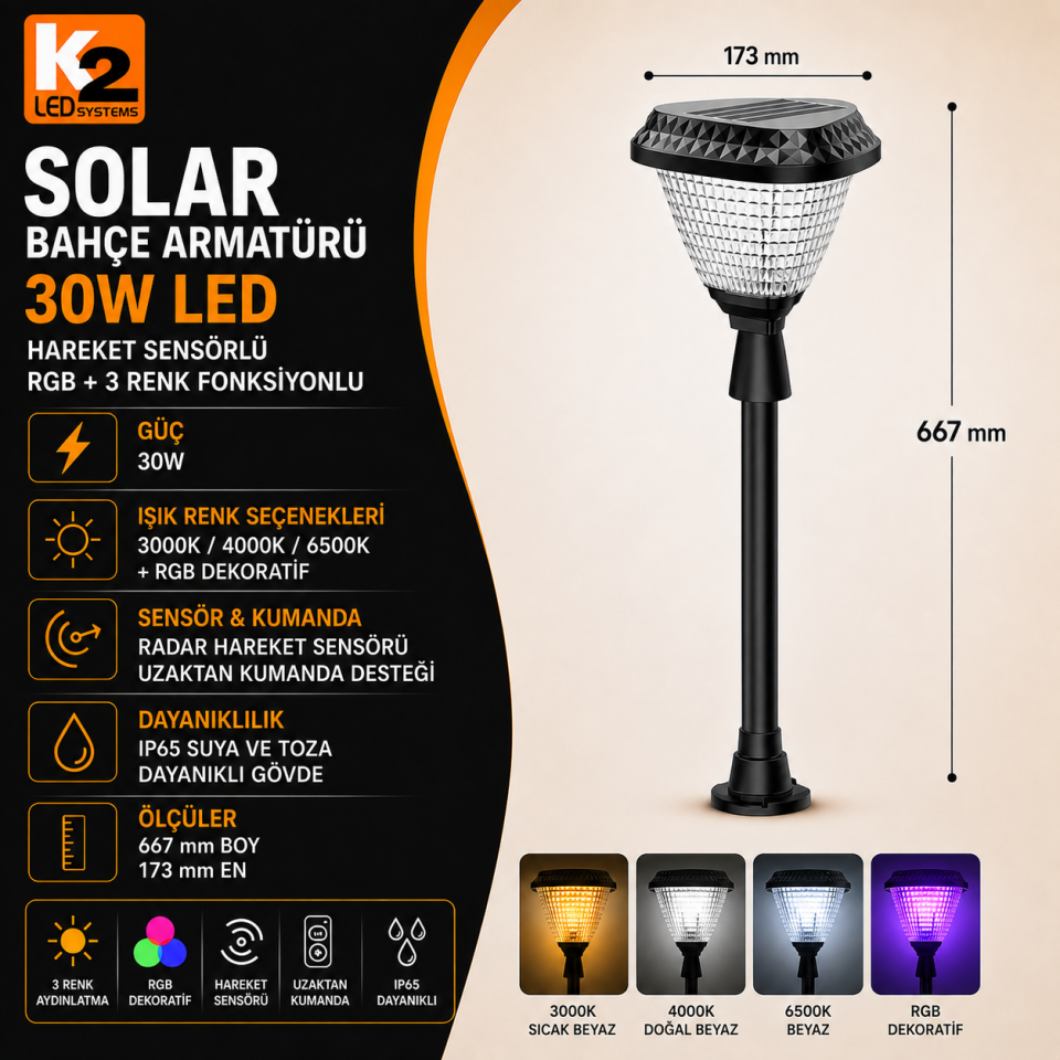 K2-GLOBAL KBA779 30W SOLAR 60CM AYAKLI ARMATÜR 3 RENK(RGB)