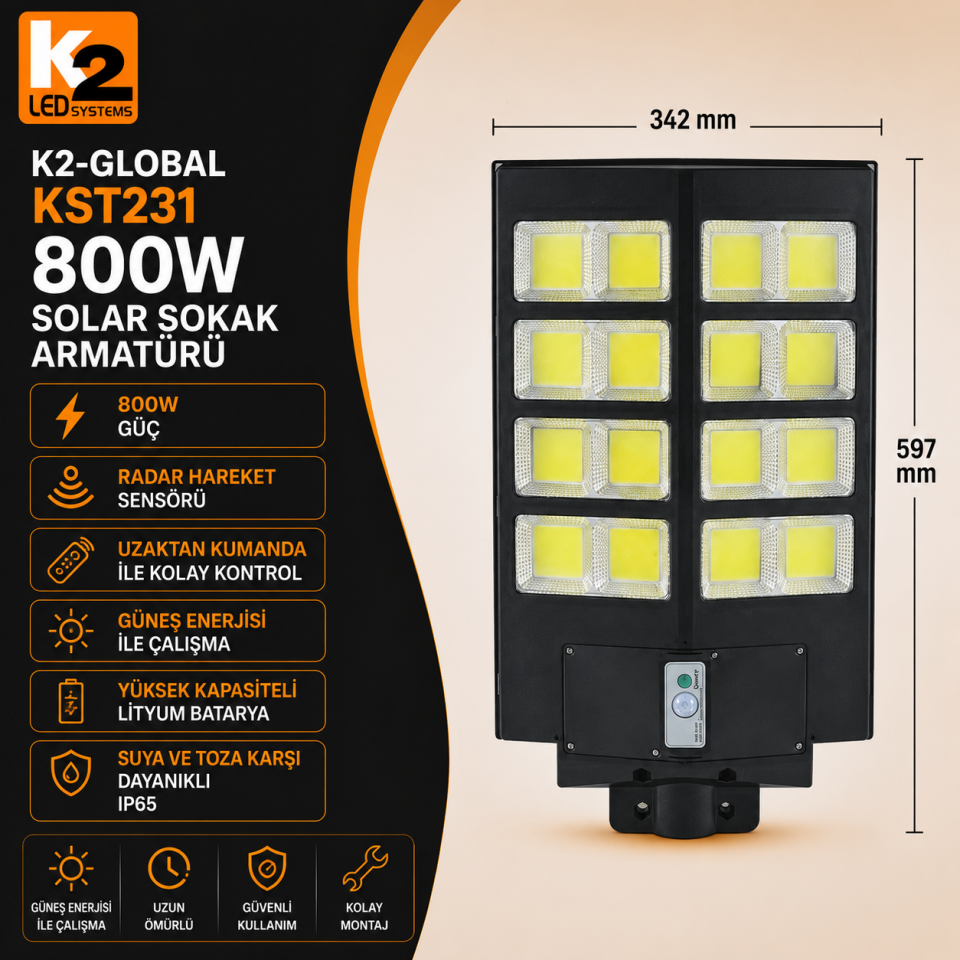 K2-GLOBAL KST231 800W SOLAR SOKAK ARMATÜR