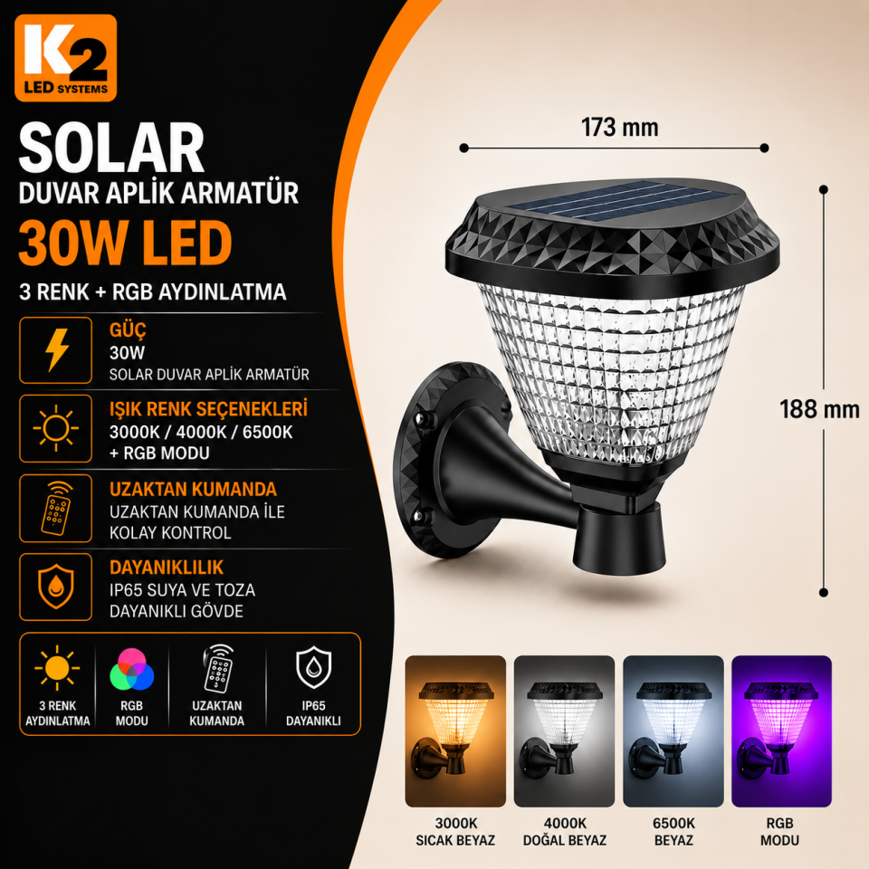 K2 KBA777 30W SOLAR DUVAR APLİK ARMATÜR 3 RENK(RGB)