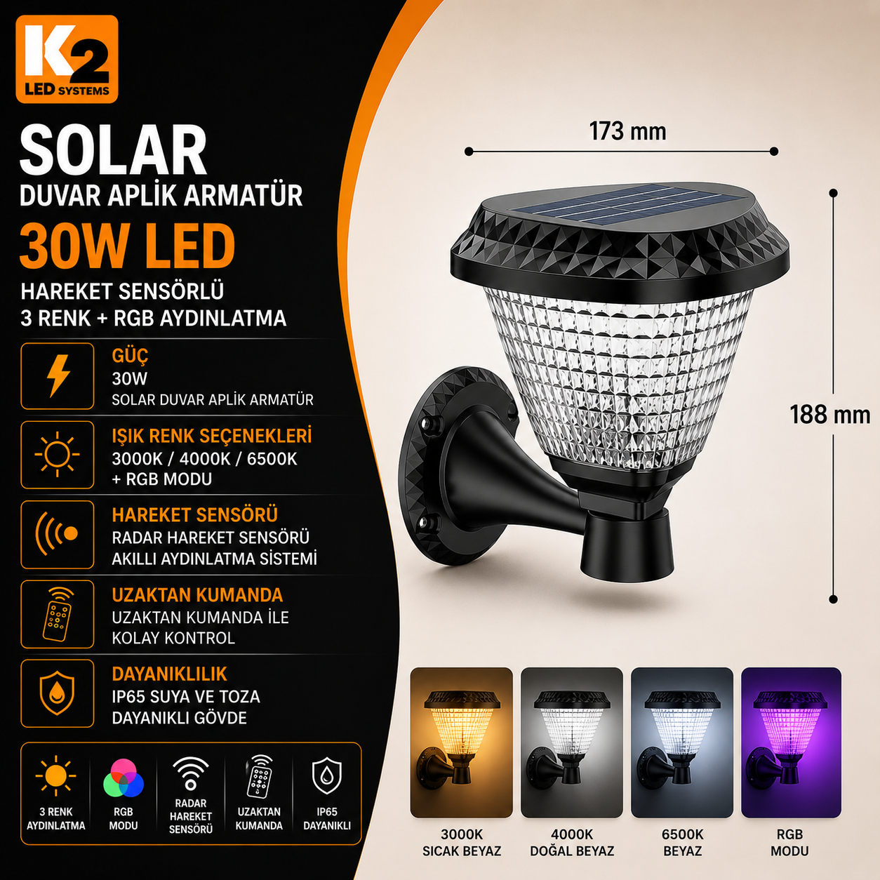 K2-GLOBAL KBA777 30W SOLAR DUVAR APLİK ARMATÜR 3 RENK(RGB)