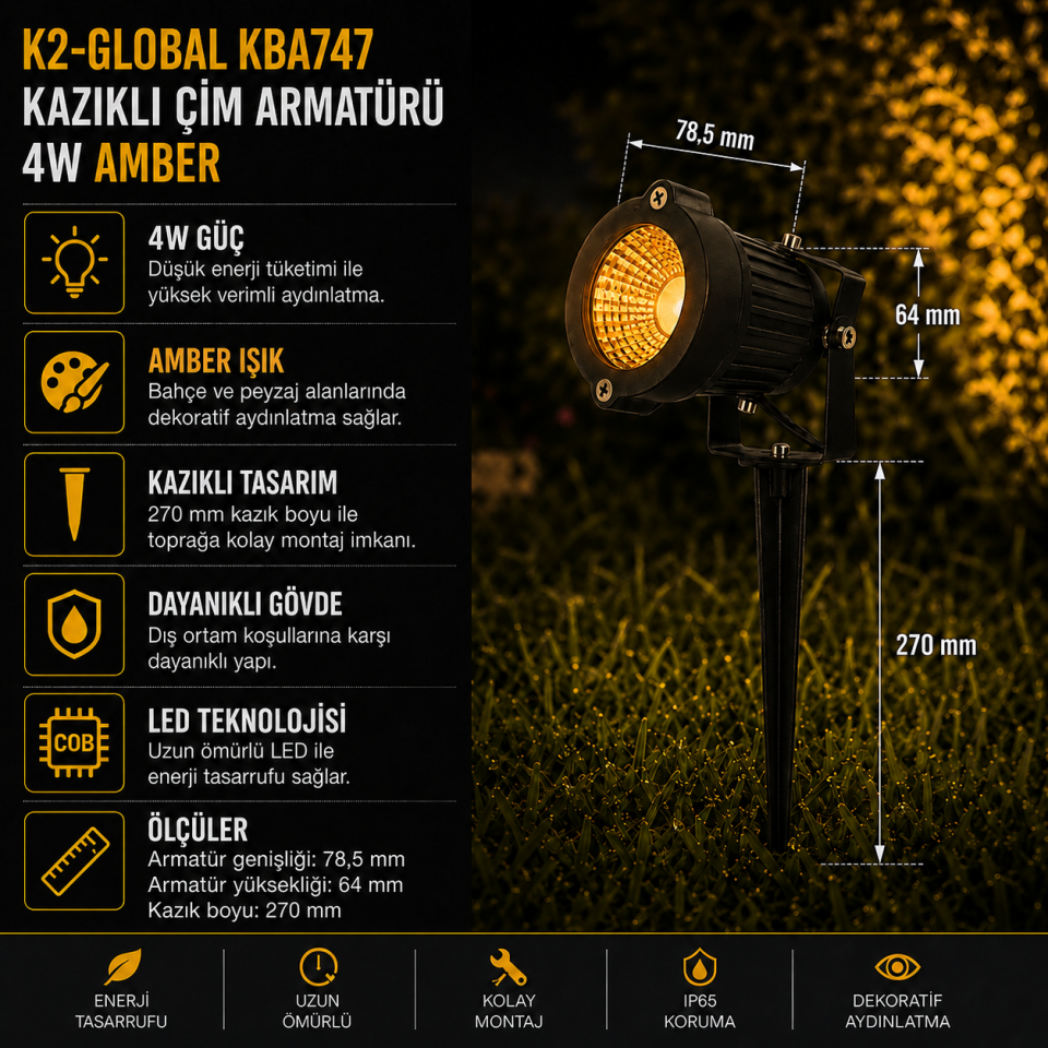 K2 KBA747 KAZIKLI ÇİM ARMATÜRÜ 4W AMBER