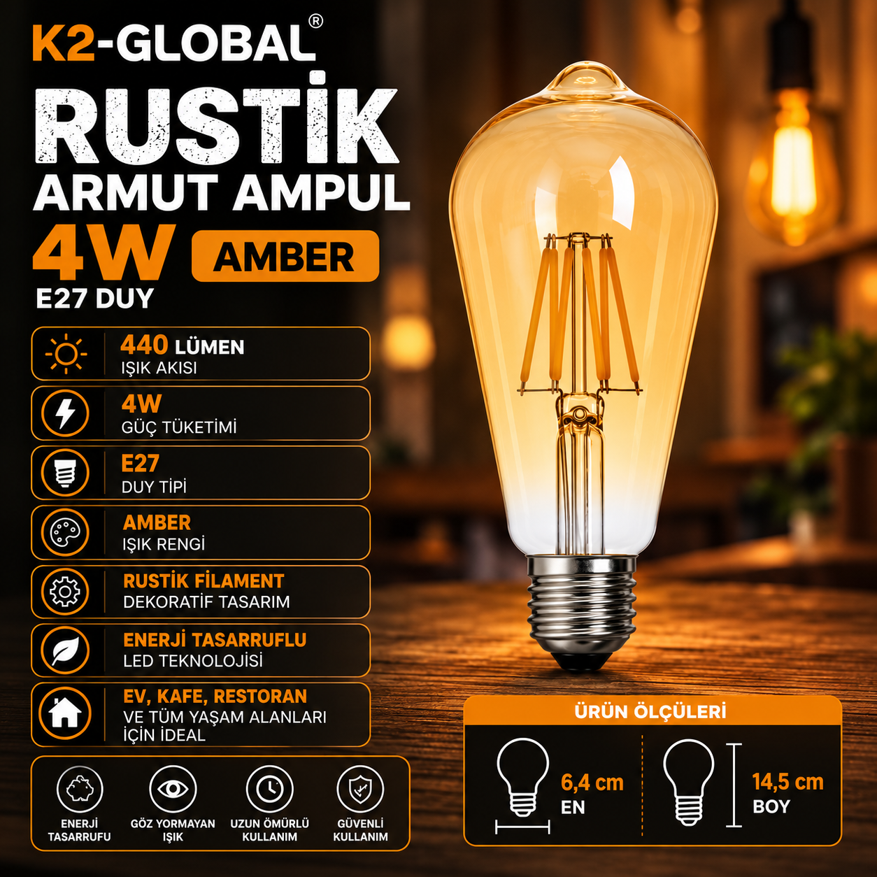 K2 4W RUSTİK ARMUT AMPUL AMBER