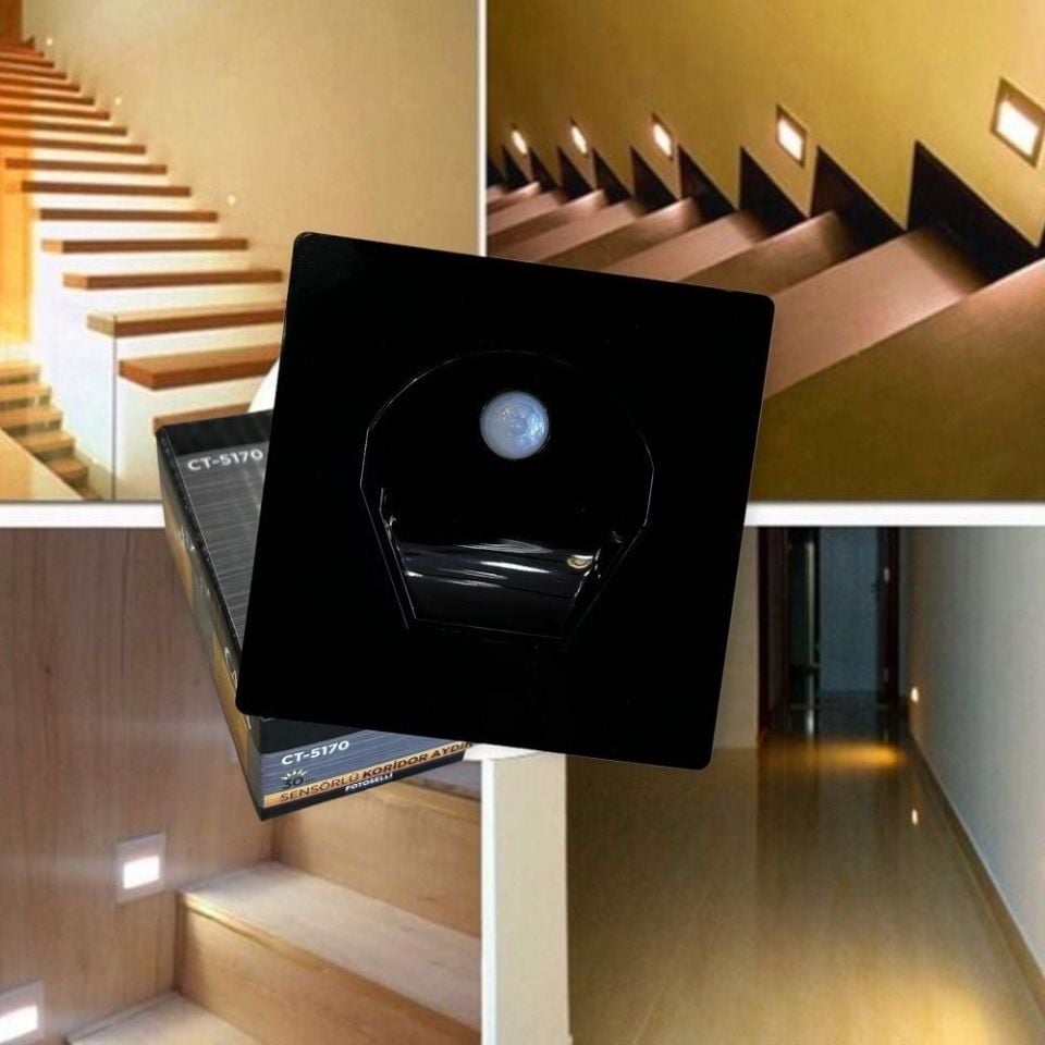 Cata 1W Sensörlü Fotoselli Koridor Led Aydınlatma Siyah Kasa Beyaz Işık