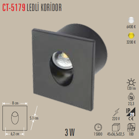3W Ledli Koridor Armatürü Siyah Kasa(Günışığı)