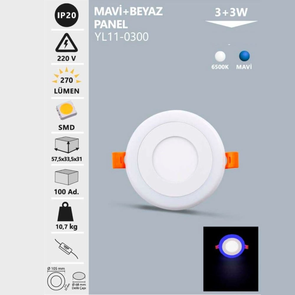 Noas 3+3W Sıva Altı  Mavi+Beyaz 3 Fonk. Led Panel