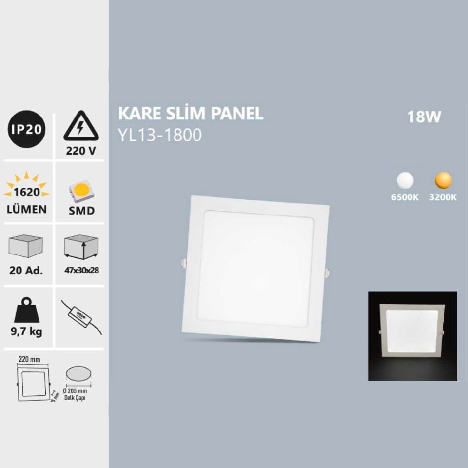 18W Sıva Altı  Kare Slim Panel Gün Işığı