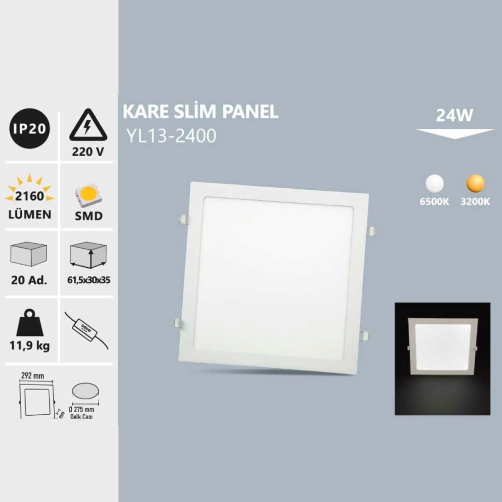 24W  Sıva Altı Kare Slim Panel Beyaz Işık