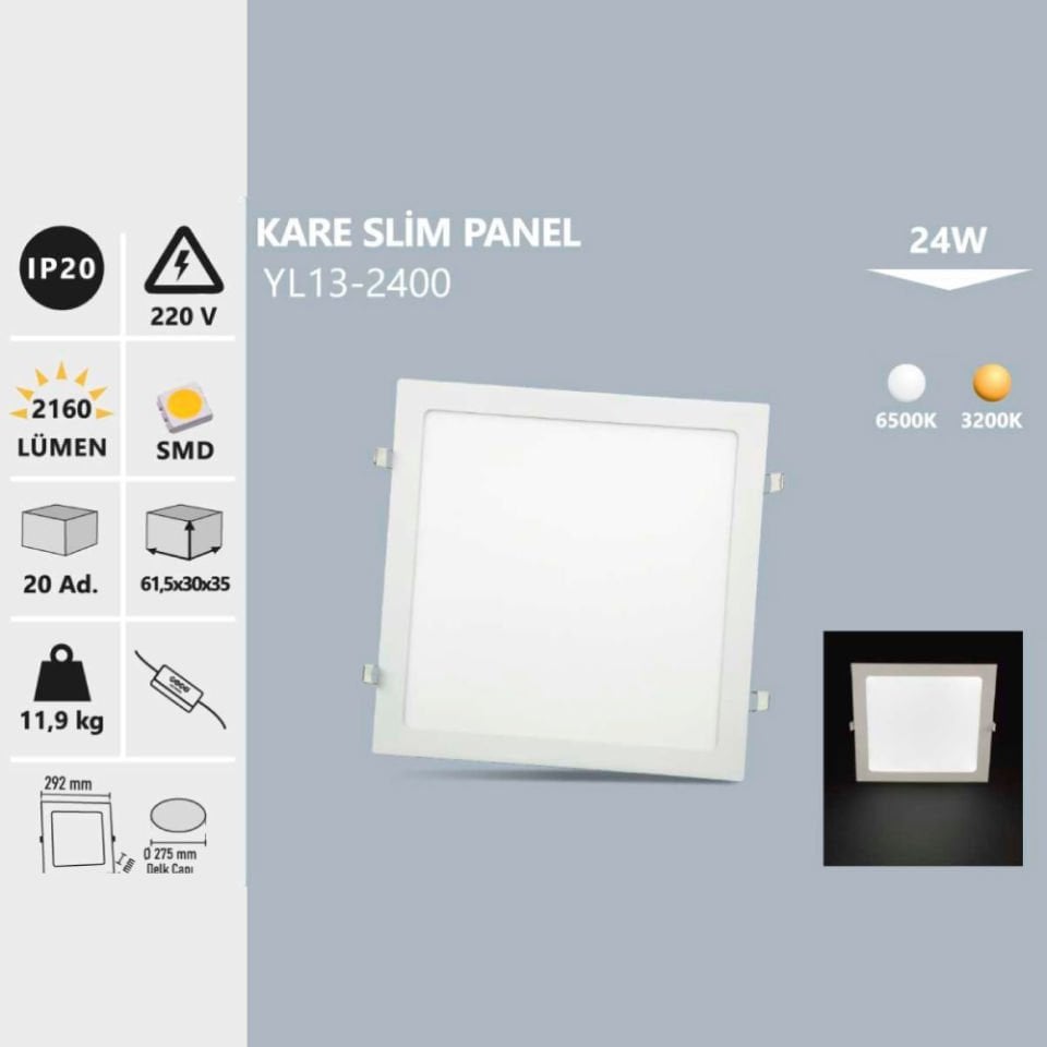24W  Sıva Altı Kare Slim Panel Beyaz Işık