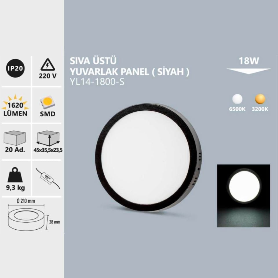 Noas 18W Sıva Üstü Yuvarlak Siyah Kasa Beyaz Işık