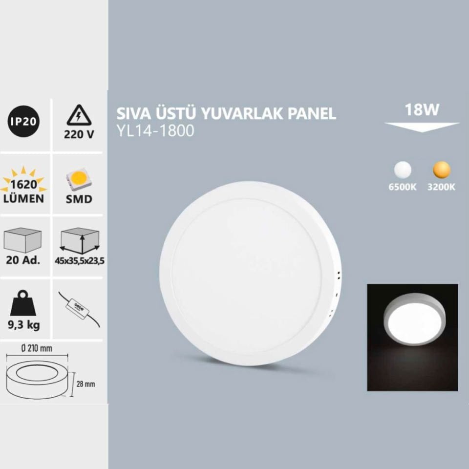 Noas 18W Sıvaüstü Yuvarlak Gün Işığı