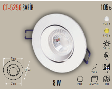 8W Safir Led Spot Beyaz Kasa (Günışığı)
