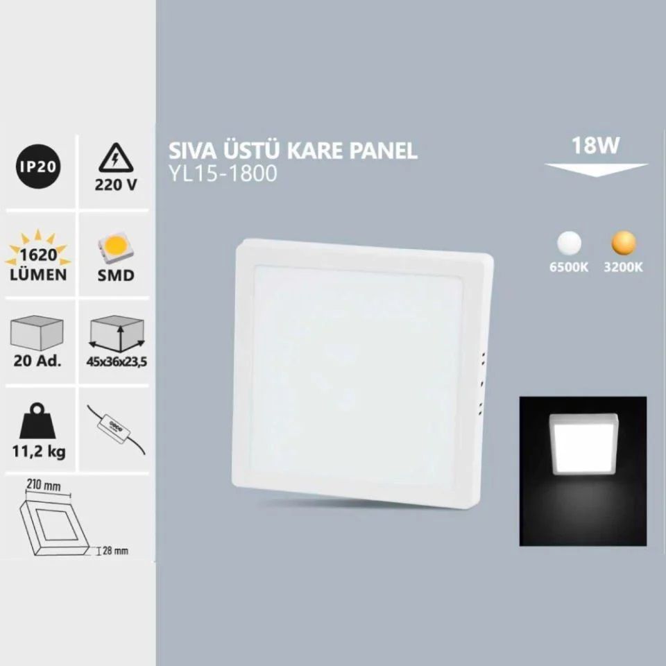Noas 18W Sıvaüstü Kare Led Panel Beyaz Işık