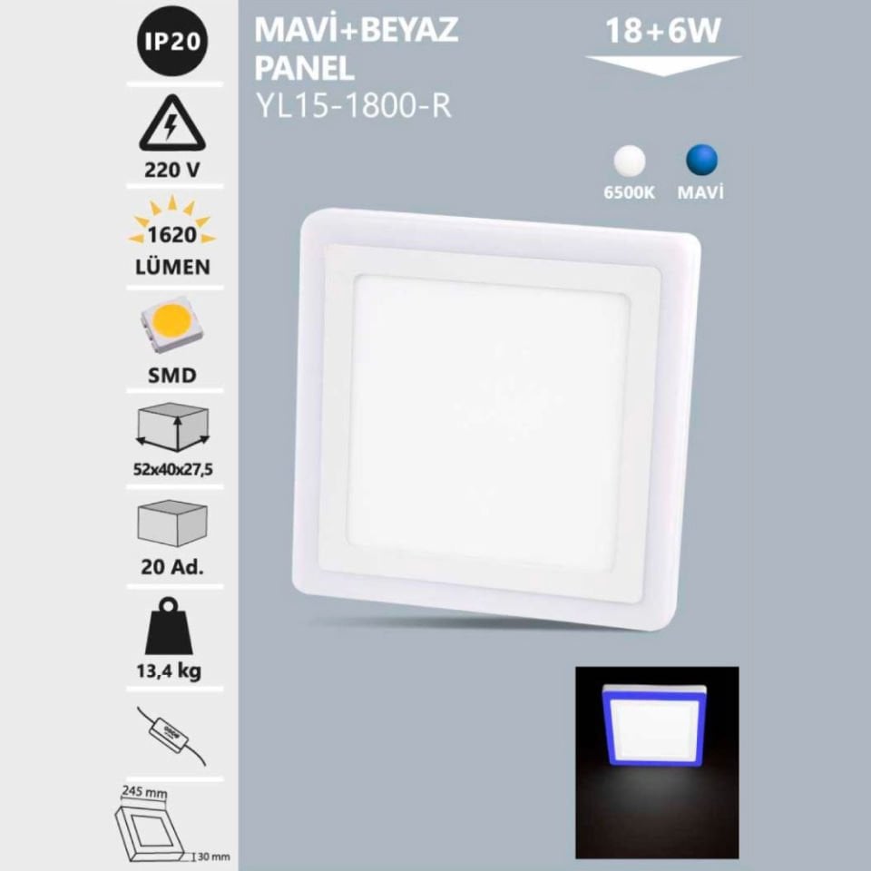Noas 18+6W Sıva Üstü Kare Mavi+Beyaz 3 Fonk. Led Panel
