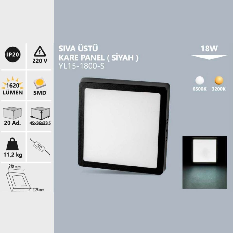Noas 18W Sıva Üstü Kare Siyah Kasa Beyaz Işık