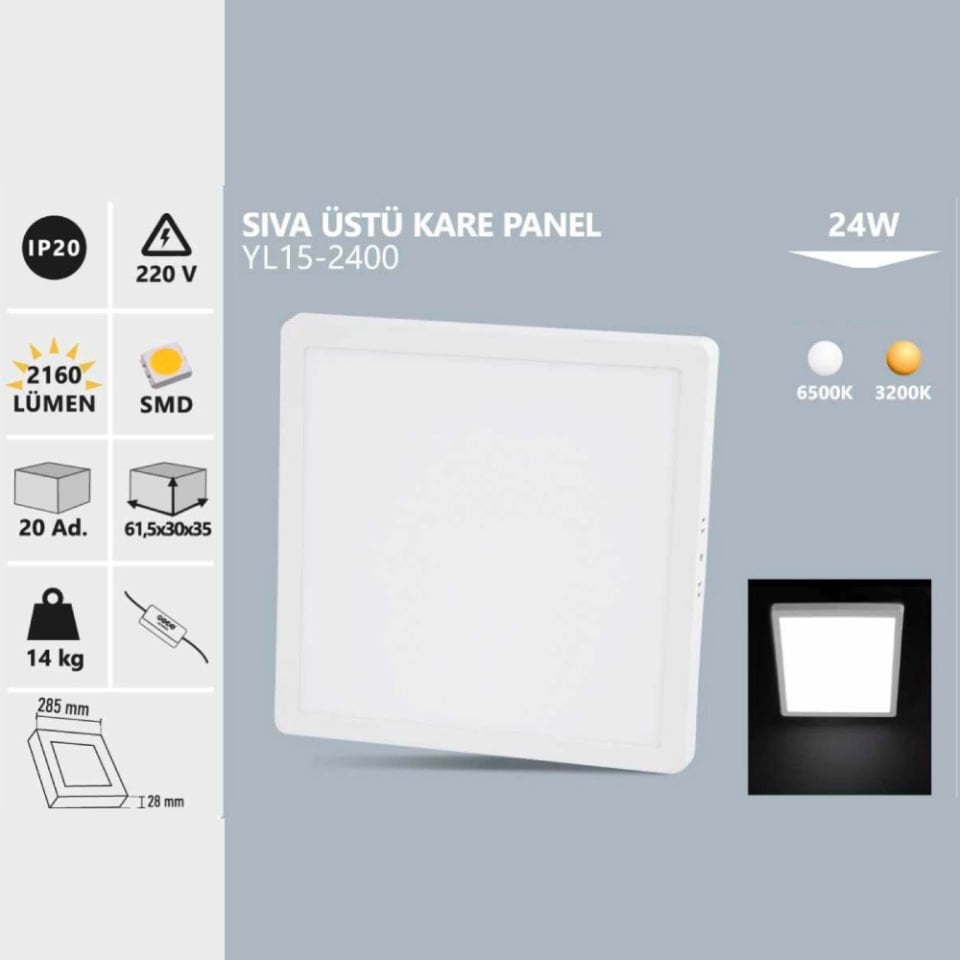 Noas 24W Sıvaüstü Kare Led Panel Beyaz Işık