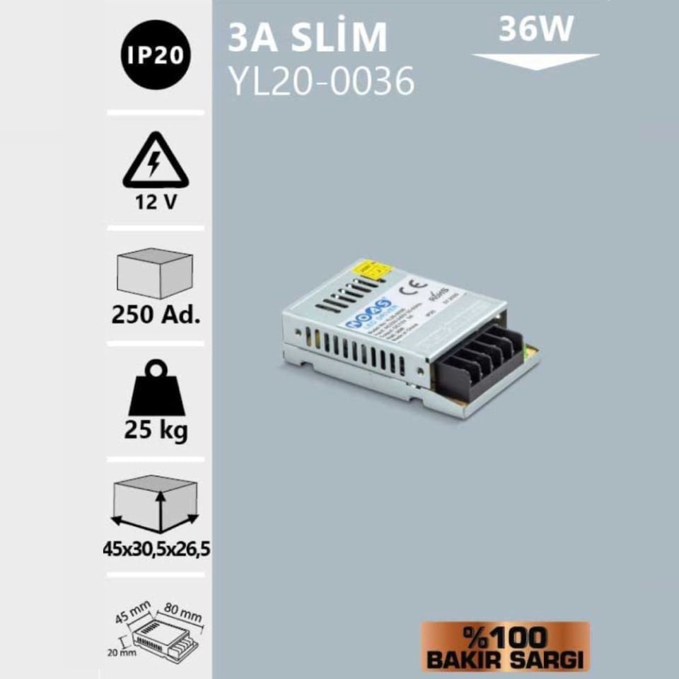 Noas 12V 3A Slım Kasa Trafo (%100 Bakır Sargı)