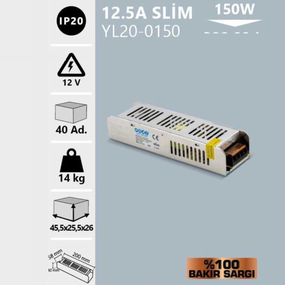 Noas 12V 12.5A Slım Kasa Trafo (%100 Bakır Sargı)