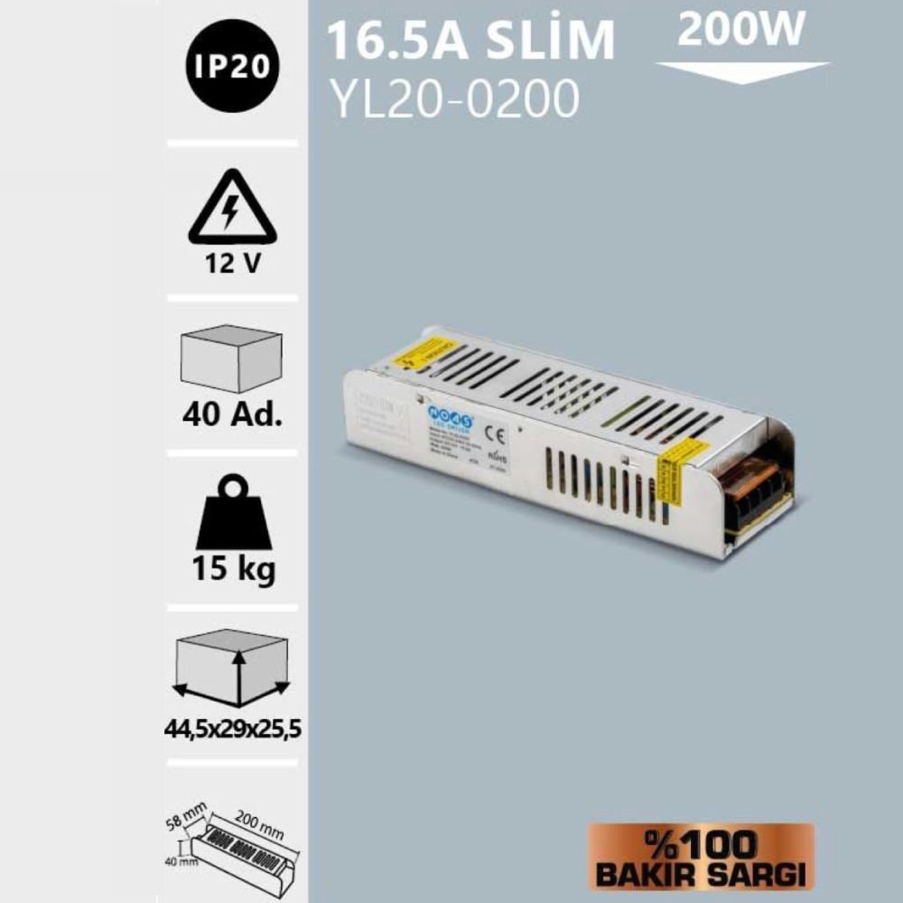 Noas 12V 16.5A Slım Kasa Trafo (%100 Bakır Sargı)