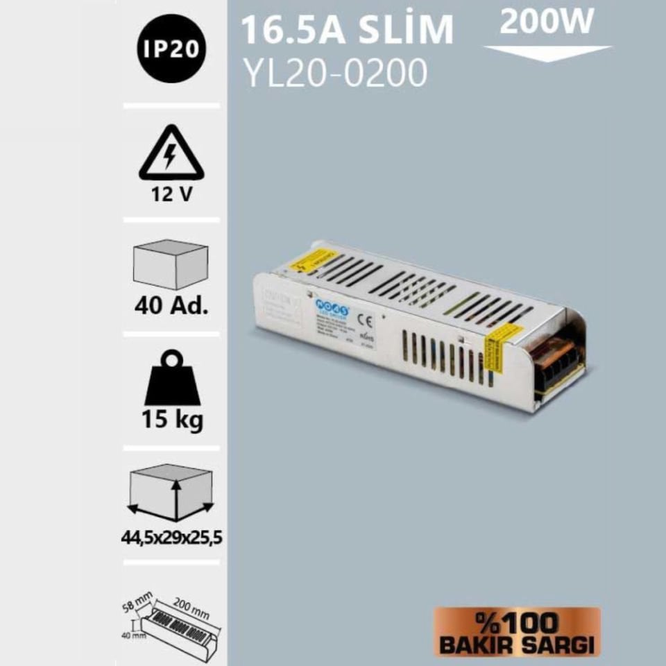Noas 12V 16.5A Slım Kasa Trafo (%100 Bakır Sargı)