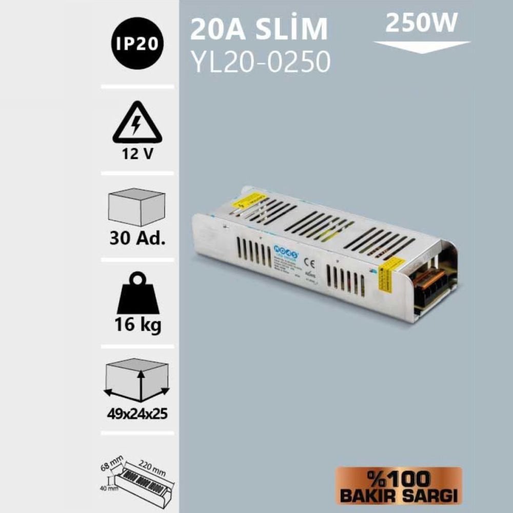 Noas 12V 20A Slım Kasa Trafo (%100 Bakır Sargı)