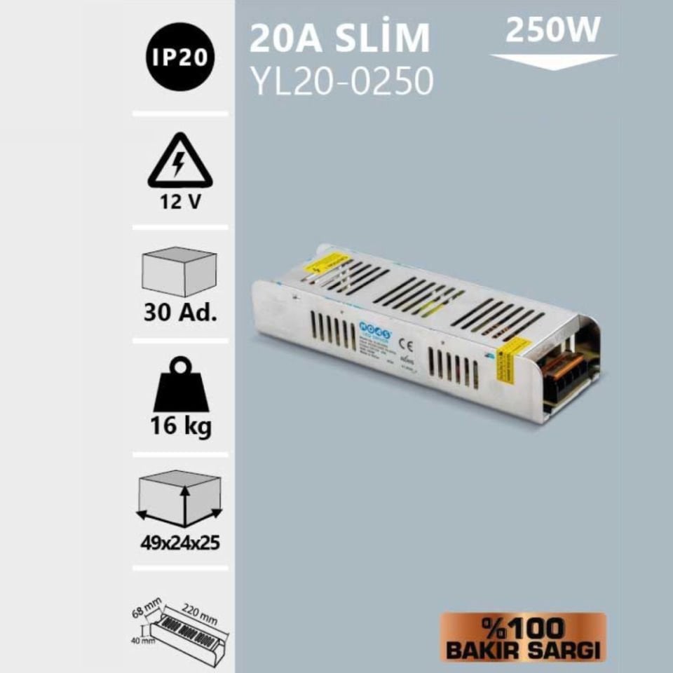 Noas 12V 20A Slım Kasa Trafo (%100 Bakır Sargı)