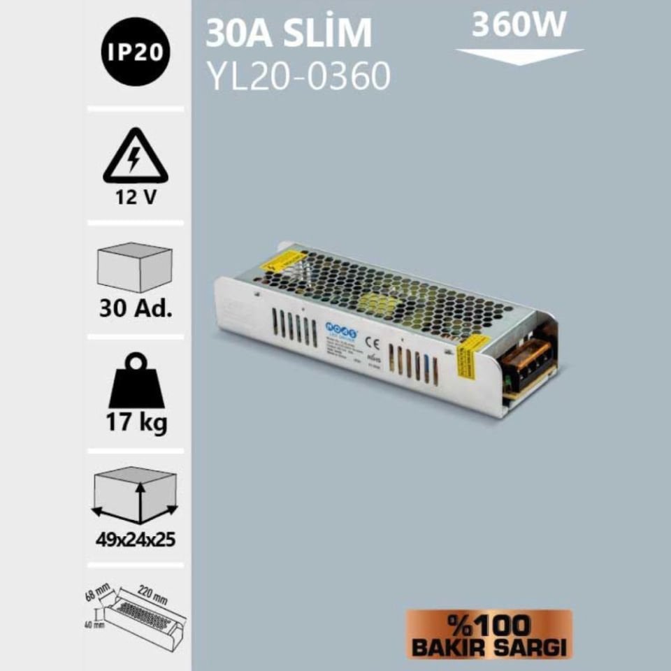 Noas 12V 30A Slım Kasa Trafo (%100 Bakır Sargı)