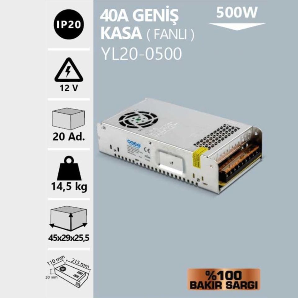 Noas 12V 40 Amper Geniş Kasa Fanlı Trafo (%100 Bakır Sargı)