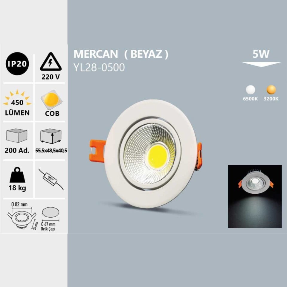 Noas 5W Cob Led Spot Mercan Beyaz Kasa Beyaz Işık